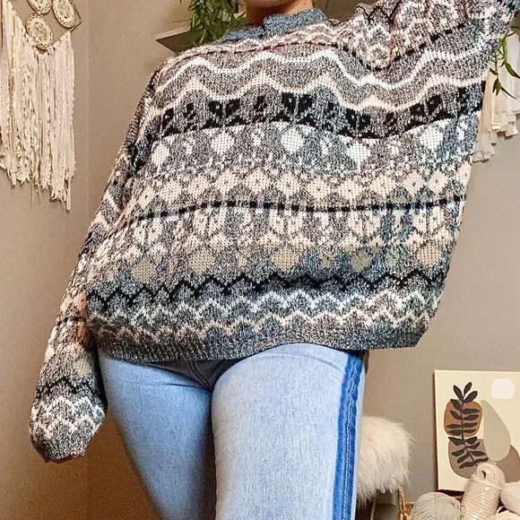 Vintage 80s Slouchy Fair Isle Funky Pattern Crochet Club Sweater - Picture 4 of 8